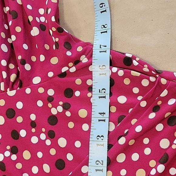 Nine West Size M Magenta Faux Wrap Blouse with Brown, Tan & White Polkadots, EUC - Picture 8 of 12